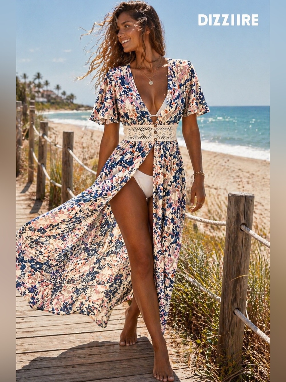 Dizzire, Boho Floral  Duster Kimono Dress ,Button-Waist, Resort CoverUp Size S/M